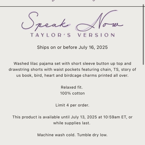 Taylor Swift Speak Now Pajamas Charm PJs Pajama Set Speak Now Taylor's Version - Picture 7 of 8